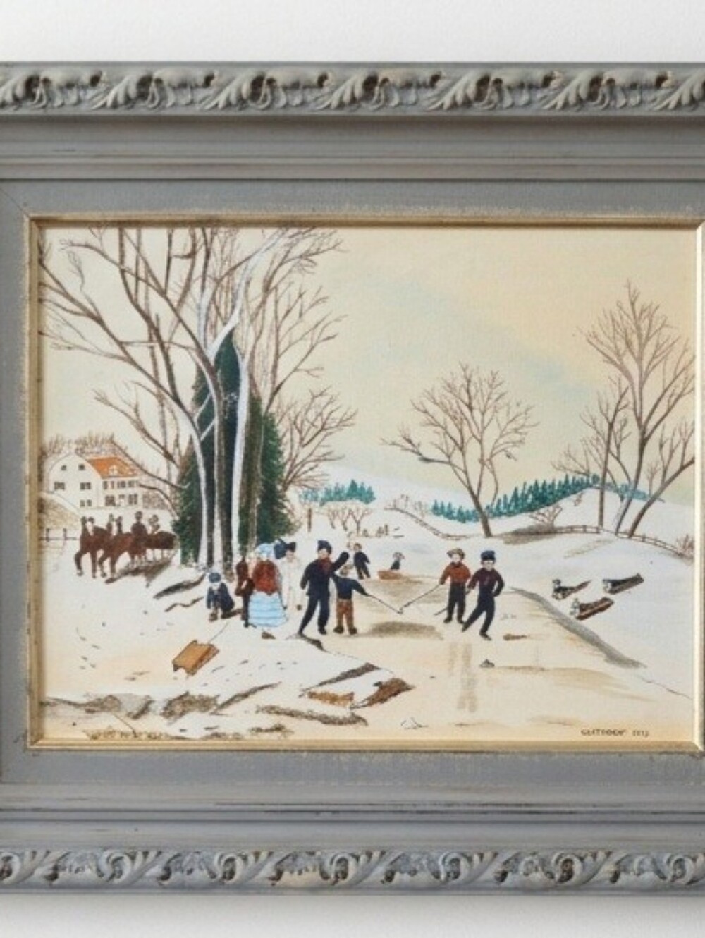 Winter Village Canvas Painting in Beige, Brown and Blue Tones 20x25